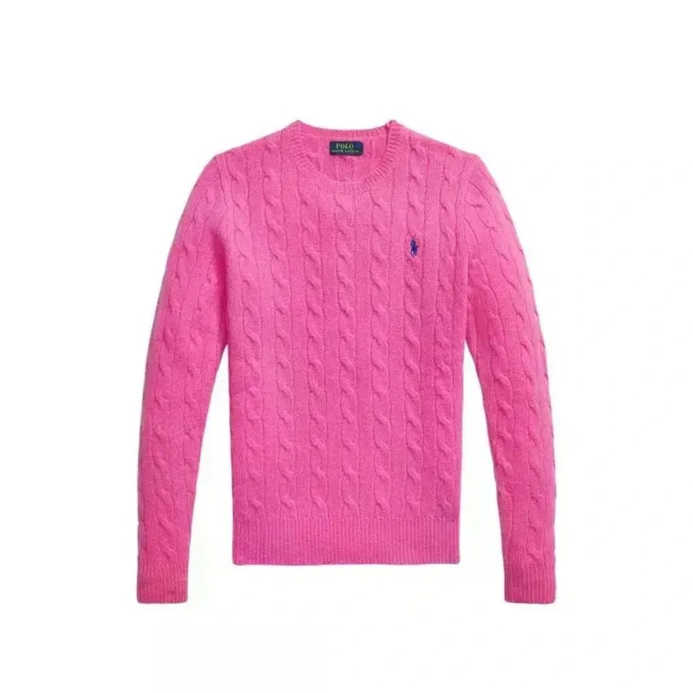Vintage Ralph Lauren Mens XL Pink Cable Knit Cotton Crewneck Sweater Blue Pony